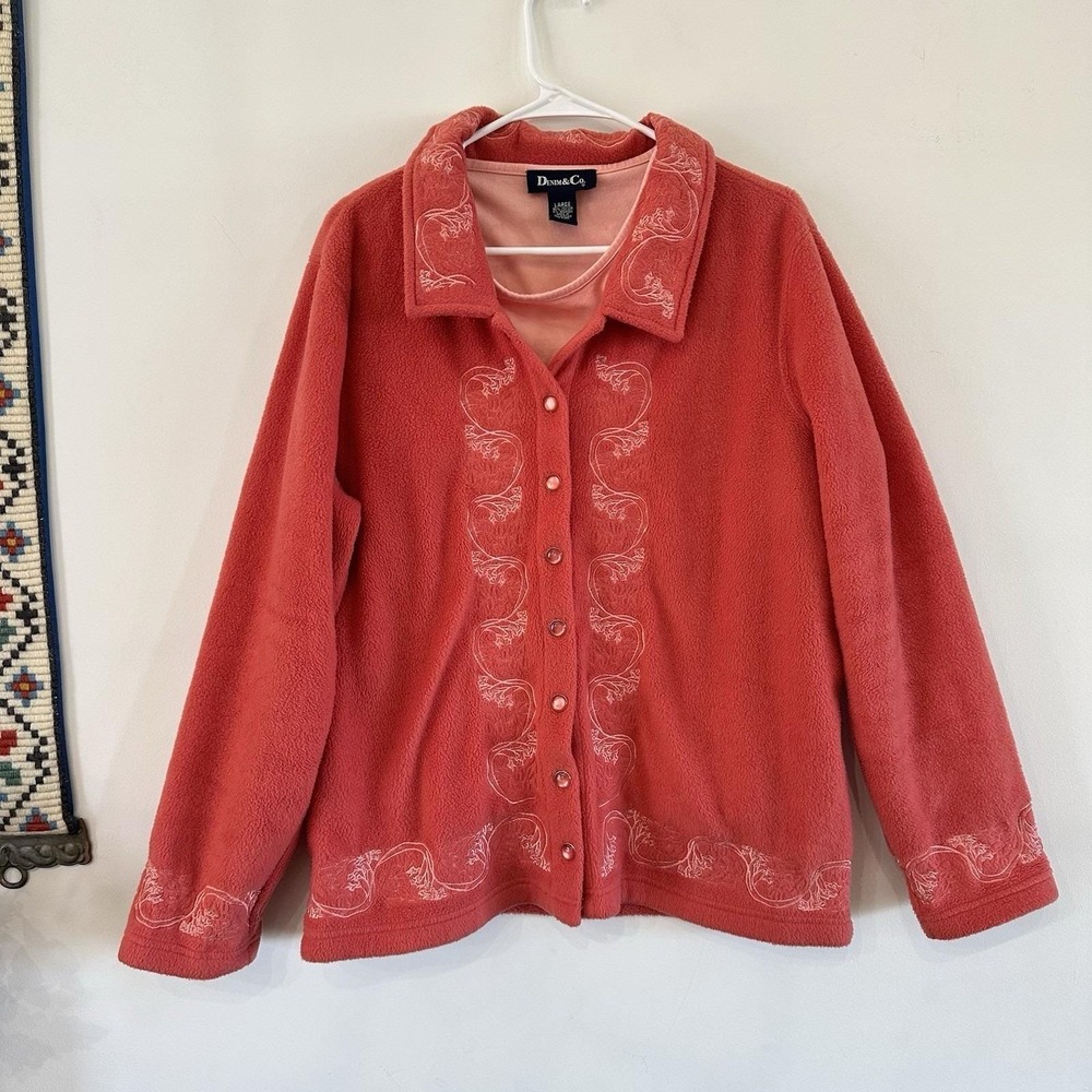 Denim & Co Embroidered Pink Fleece Jacket & Shirt 2 Piece Womens Large Snaps‎